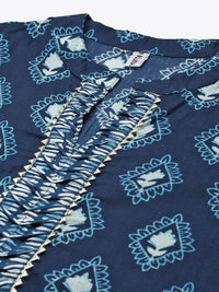 Thumbnail for Yufta Women Blue & White Printed Pure Cotton Kurta with Trouser & Dupatta