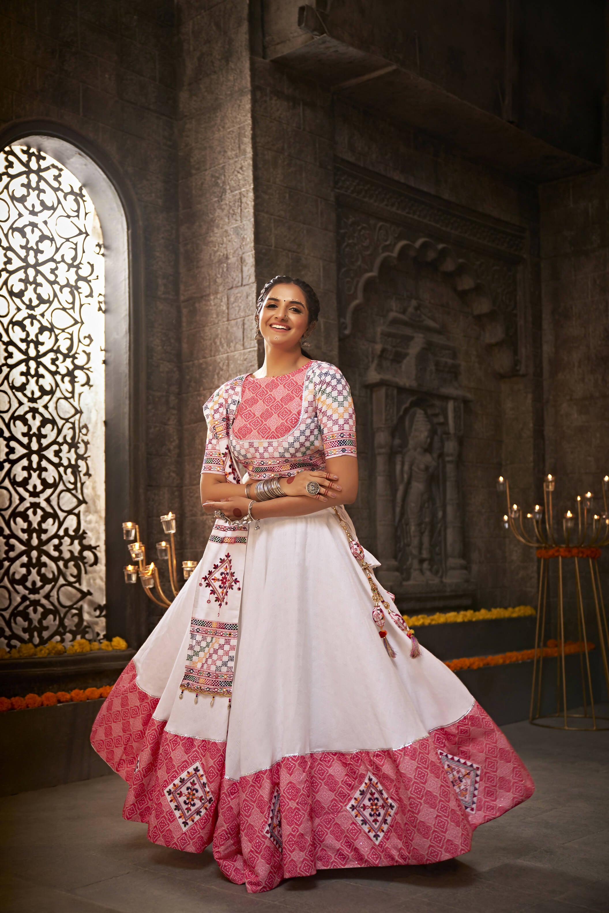 White Jacqard Cotton Thread Embroidered Navratri Lehenga Choli with Dupatta - Raas - Distacart