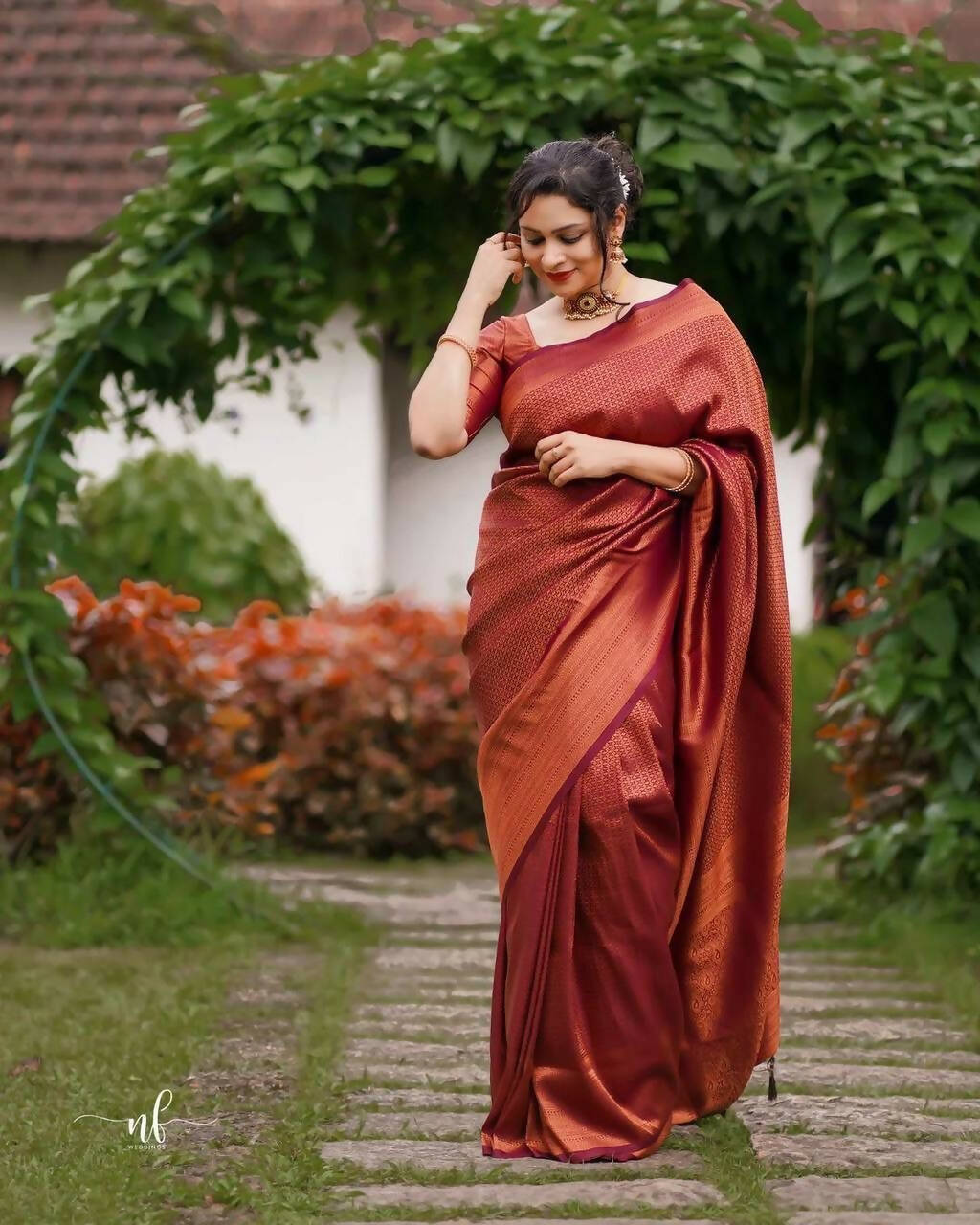 DEIANA'S Beautiful Golden Jari with New Design Soft Lichi Silk Saree - Maroon - Distacart