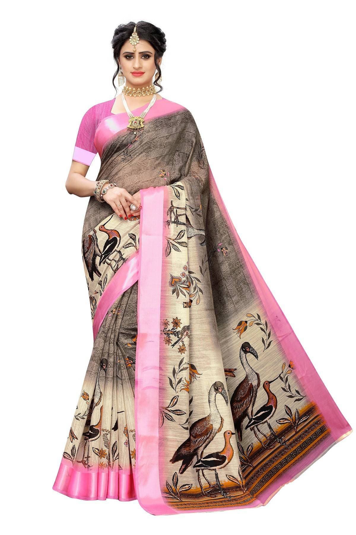 Vamika Pink Linen Digital Print with Satin Border Saree