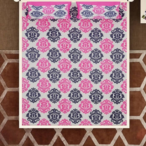 Vamika Printed Cotton White & Pink Flower Design Bedsheet With Pillow Covers (LEOC_PPNKC_P) - Distacart