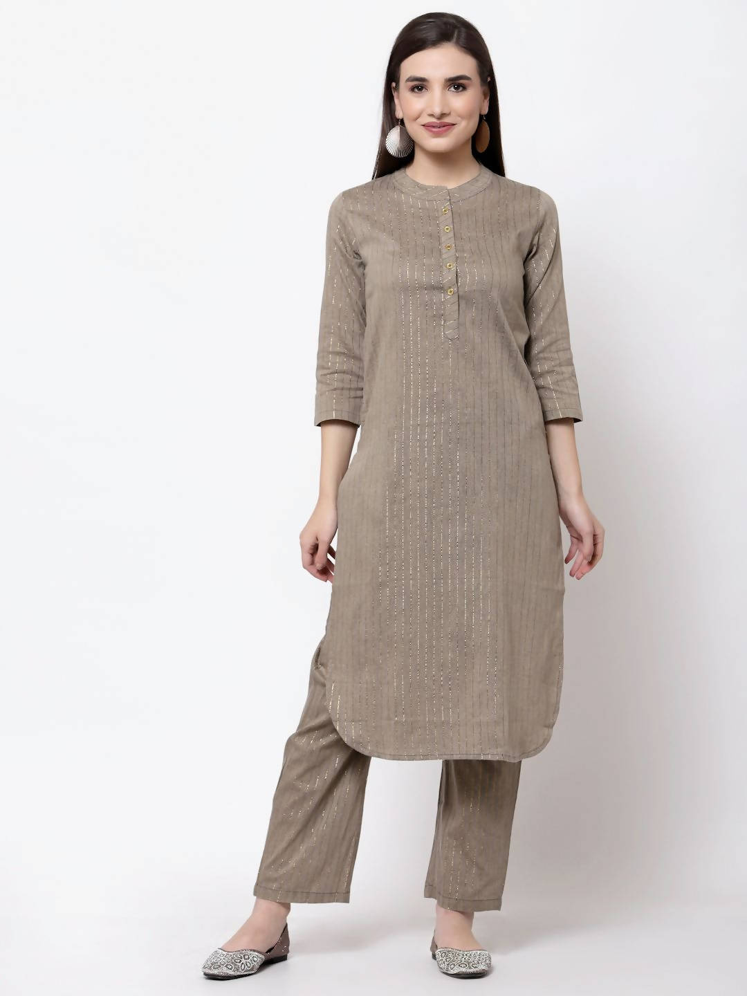 Myshka Women's Khaki Cotton Solid 3/4 Sleeve Mandarin Neck Casual Kurta Pant Dupatta Set