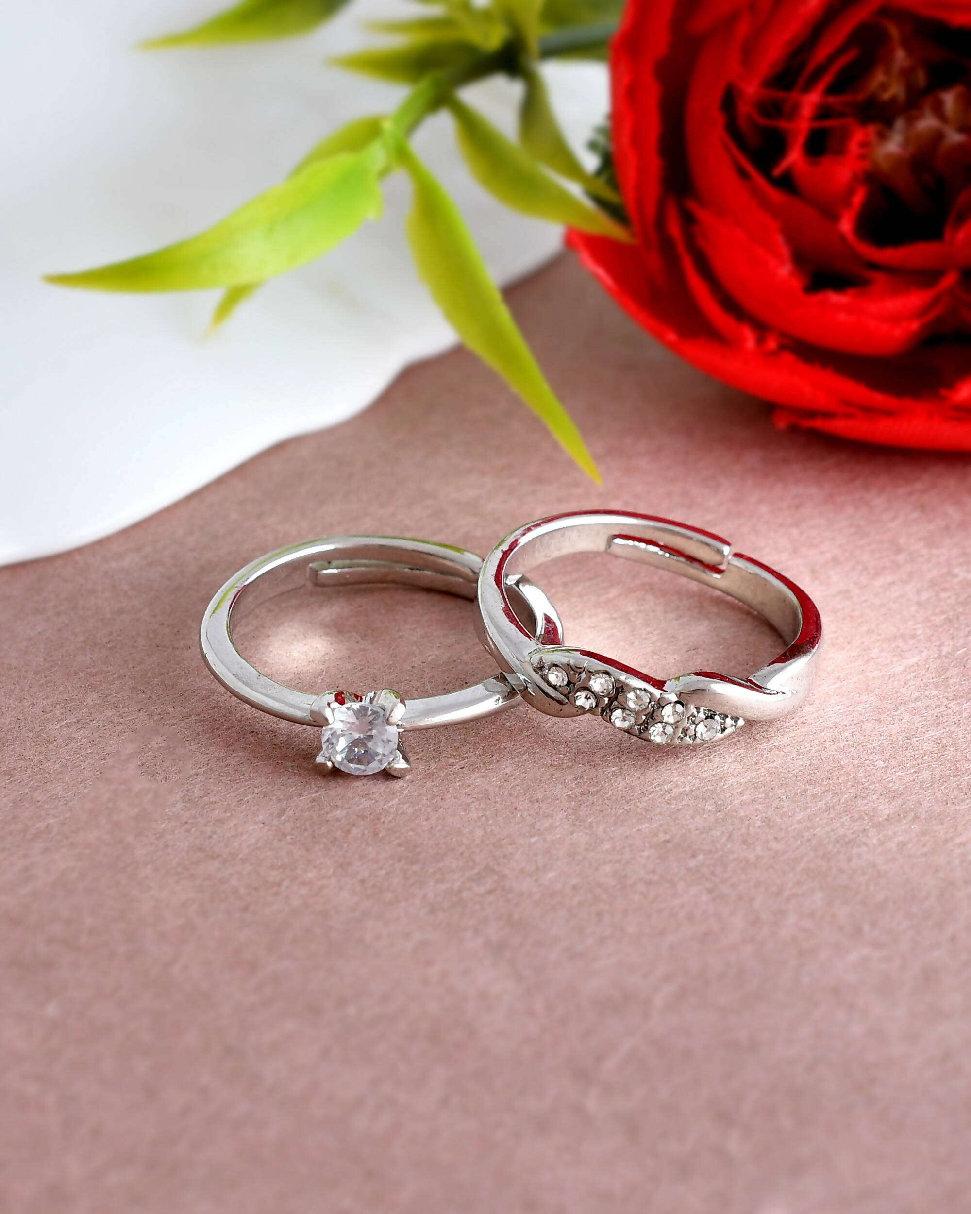 VOJ Stainless Steel Cubic Zirconia Silver Plated Adjustable Ring Set for Couple - Distacart