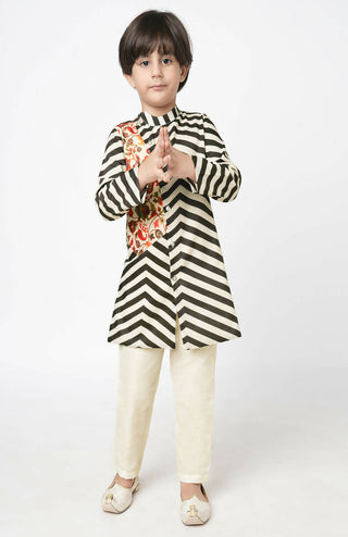 Lil Drama Chromatic Fusion Boys Black & White Stripe Kurta Pant Set - Distacart