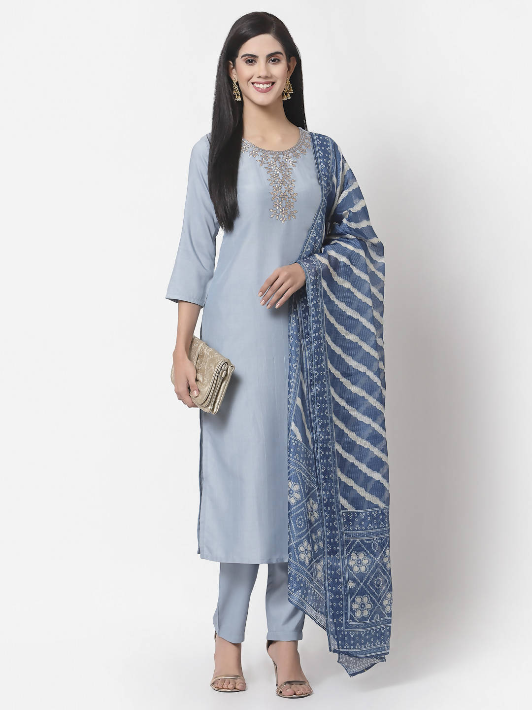 Myshka Women Light Blue Silk Blend Embroidered 3/4 Sleeve Round Neck Kurta Pant Dupatta Set