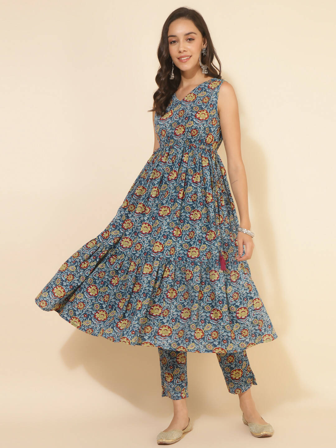 Janasya Women's Blue Cotton Floral Printed Casual Flared Kurta Set - Distacart