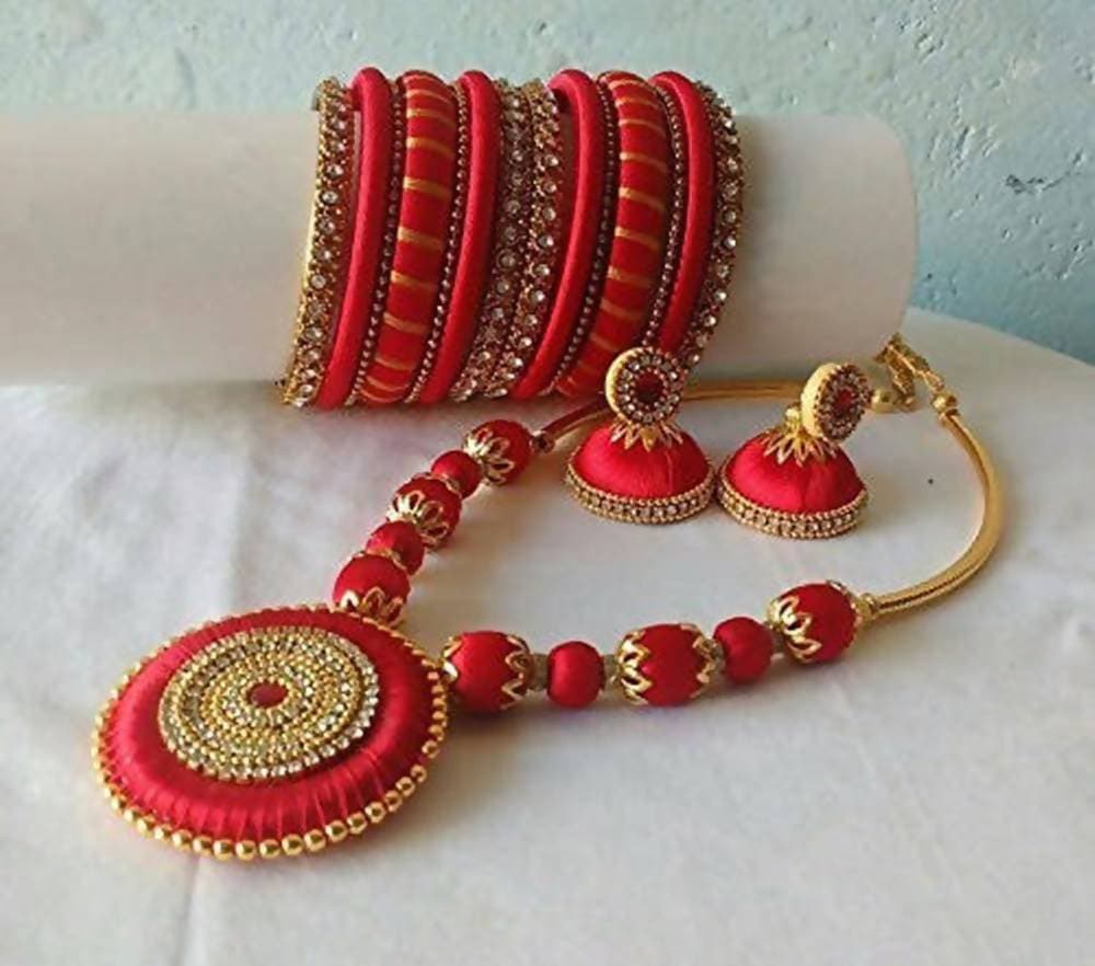 Red with Gold Color Silk Threaded Necklace Set, Earrings And Bangles