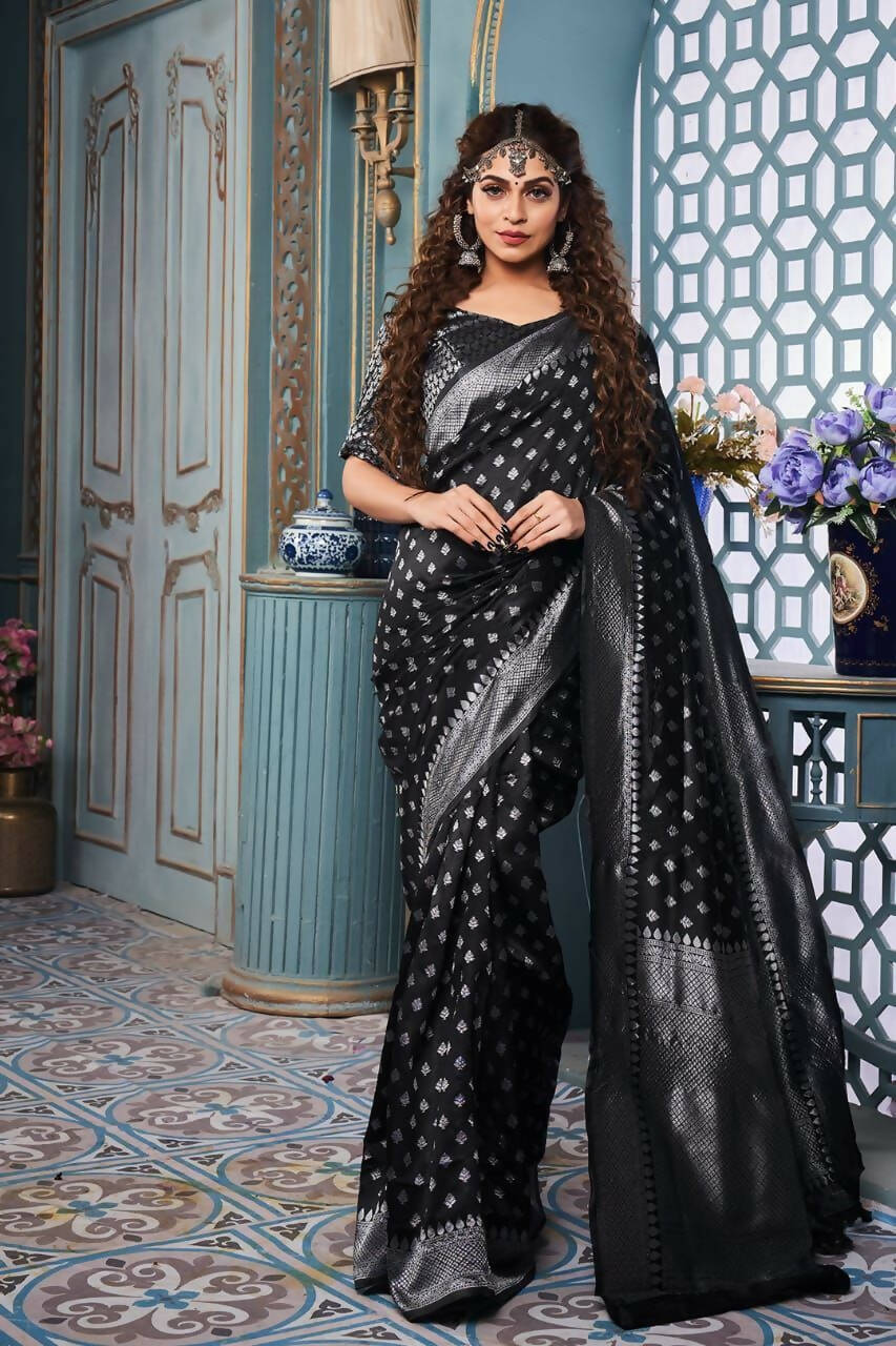 DEIANA'S Beautiful Golden Jari with New Design Soft Lichi Silk Saree - Black - Distacart