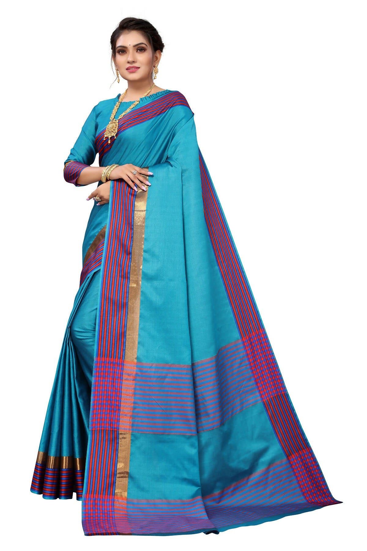 Vamika Ethnic Fire Rama Green Cotton Silk Saree - Distacart