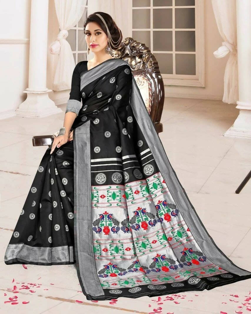 DEIANA'S Beautiful Golden Jari with New Design Soft Lichi Silk Saree - Black - Distacart