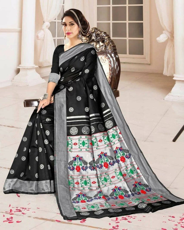 DEIANA'S Beautiful Golden Jari with New Design Soft Lichi Silk Saree - Black - Distacart