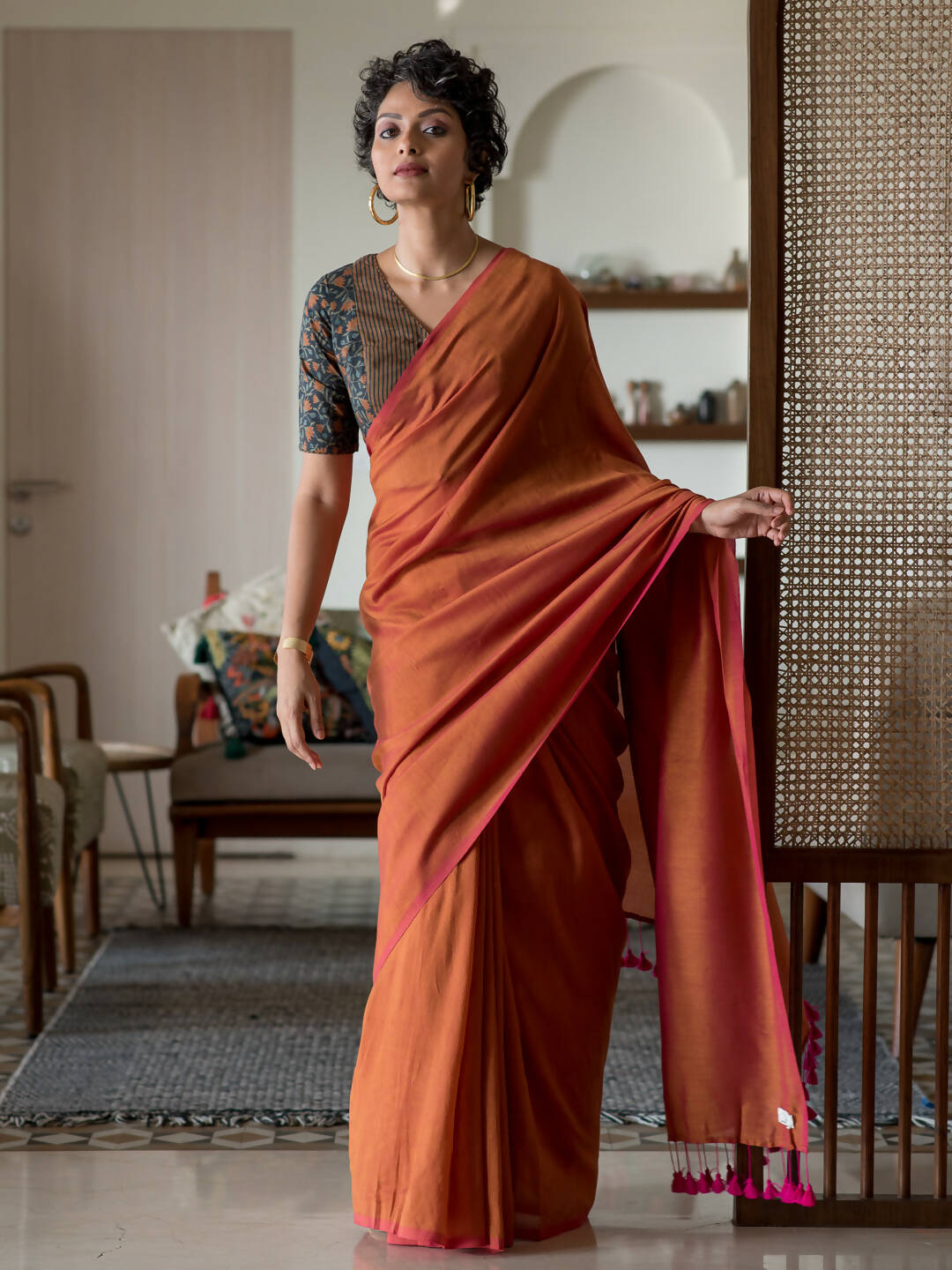Suta Orange Solid Cotton Blend Saree - Distacart