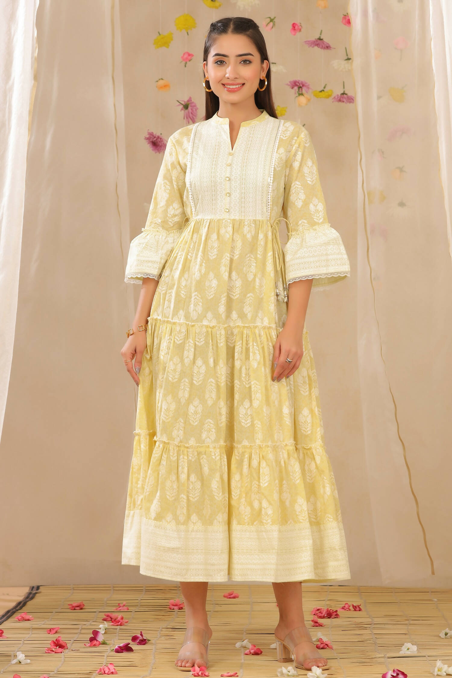 Juniper Womens Limeyellow Cambric Printed Tiered Dress With Flared Sleeve - Distacart