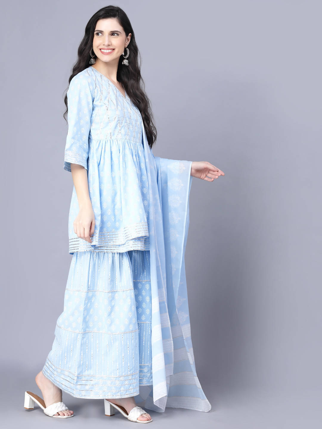 Myshka Cotton Printed 3/4 Sleeve V Neck Turquoise Blue Women Sharara Set - Distacart