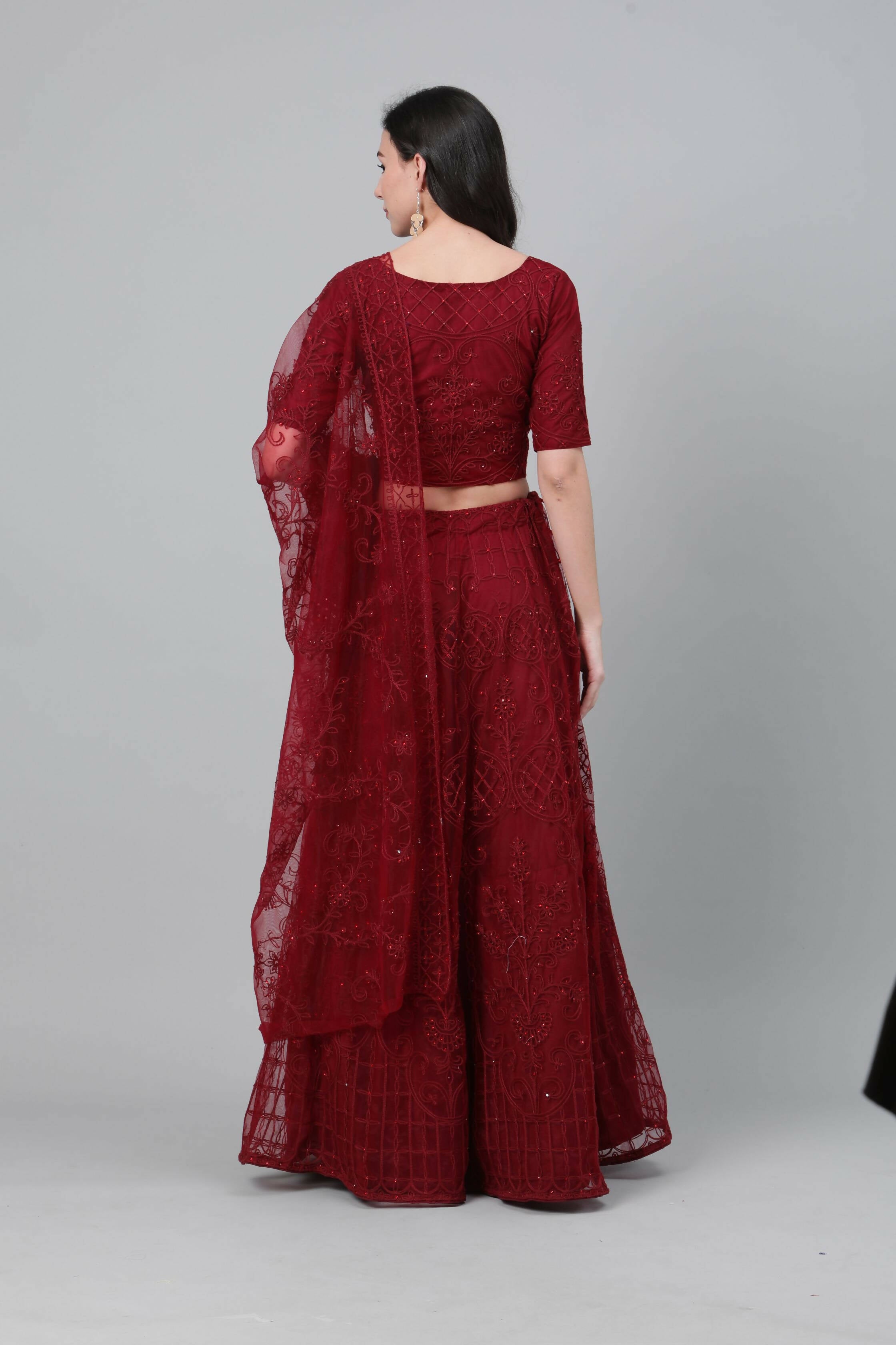 Maroon Net Thread embroidery with stone work Lehenga Choli with Dupatta - Jivika - Distacart