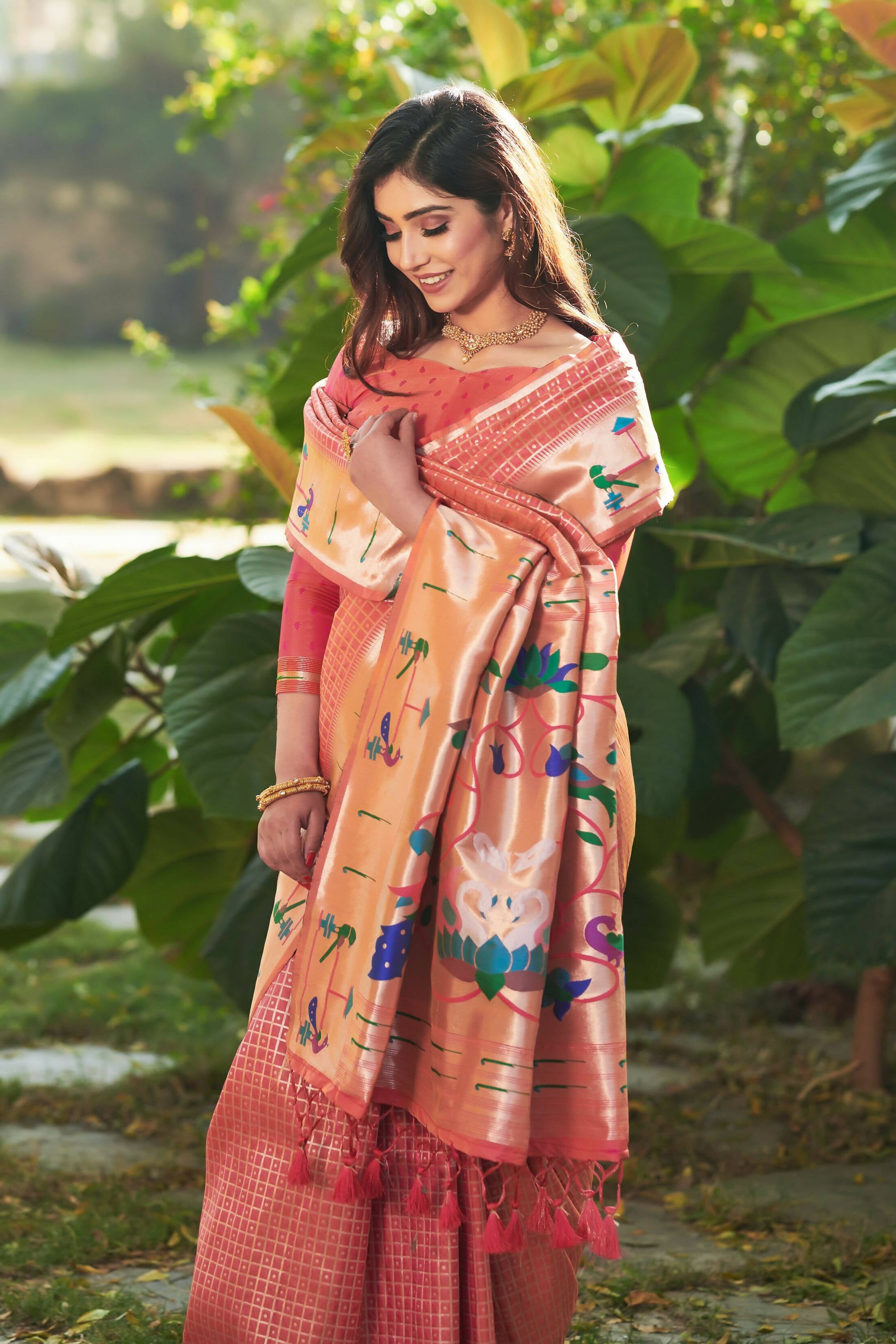 Vishnu Weaves Women's Peach Paithani Silk Minakari Zari Woven Saree with Unstitched Blouse - Distacart