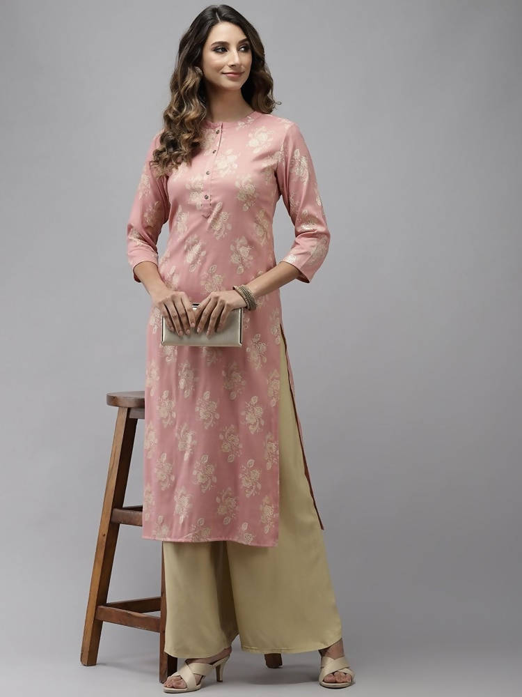 Yufta Women Pink Floral Printed Pastels Cotton Kurta