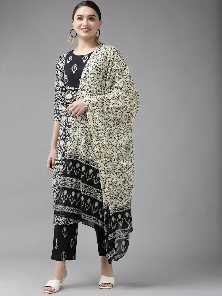 Yufta Black & Off-White Ethnic Screen Print Cotton Straight Kurta Palazzo & Dupatta