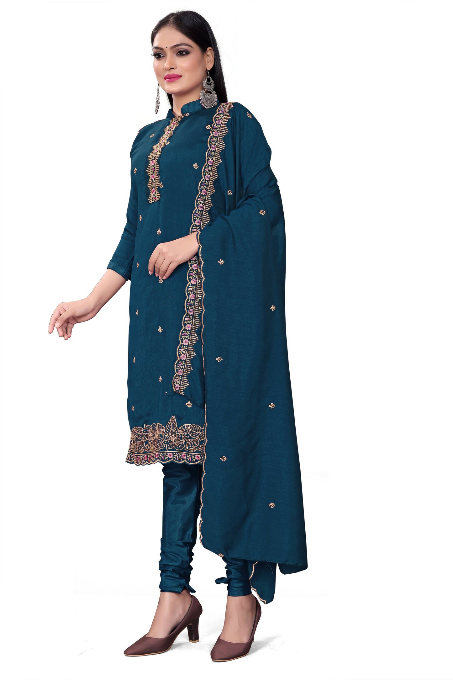 Blue Silk Embroidered with Sequins work Unstitched Dress Material - Tanvi - Distacart