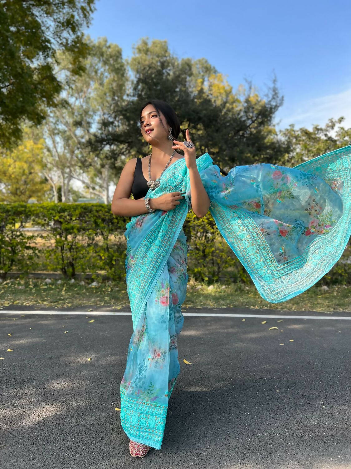 Vastrasky Sky Blue Organza Saree - Distacart