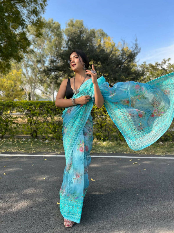 Vastrasky Sky Blue Organza Saree - Distacart