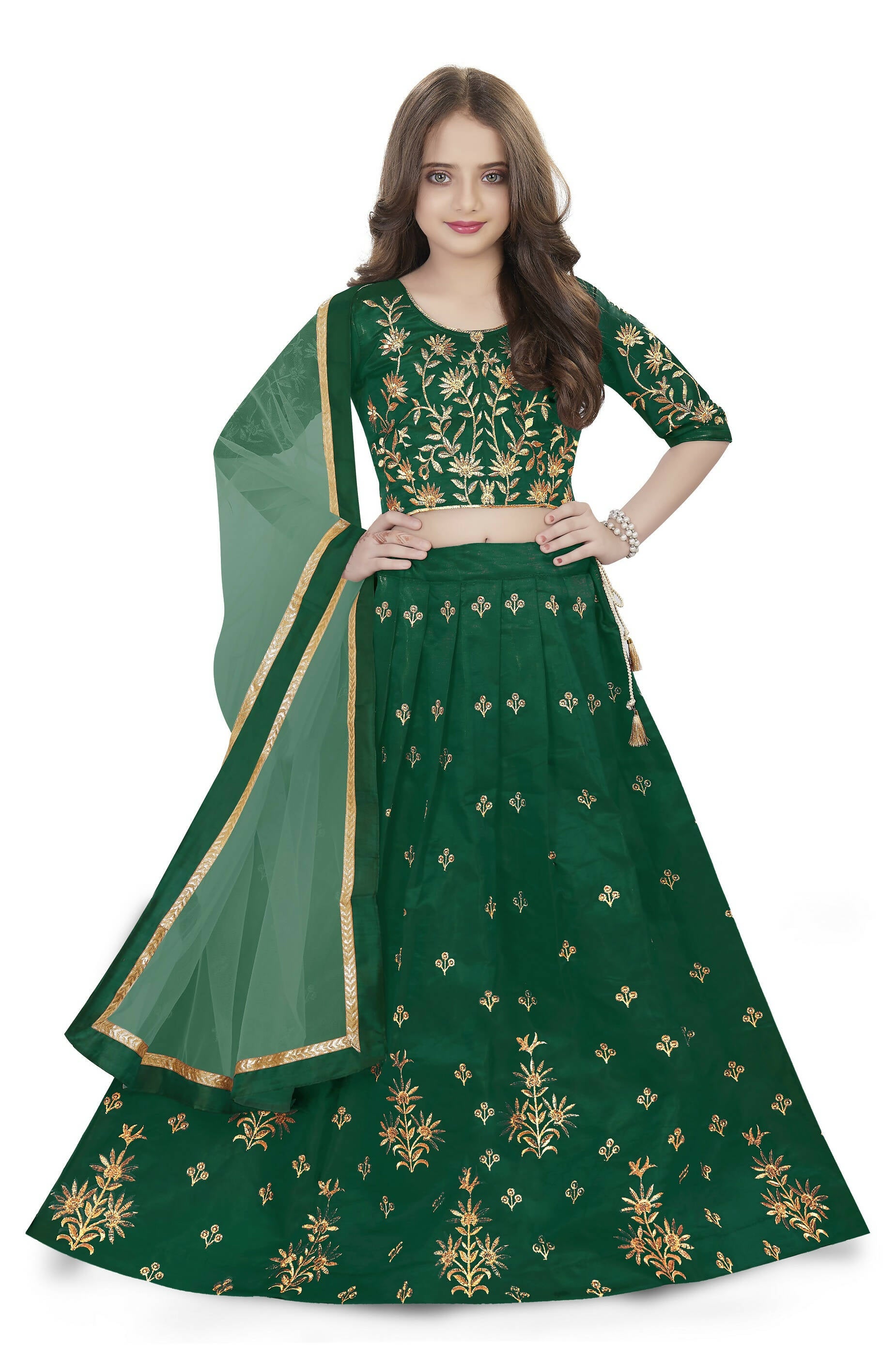 Dwiden Green Rohini Tafetta Sattin Semi-Stitched Girl's Lehenga Choli - Distacart