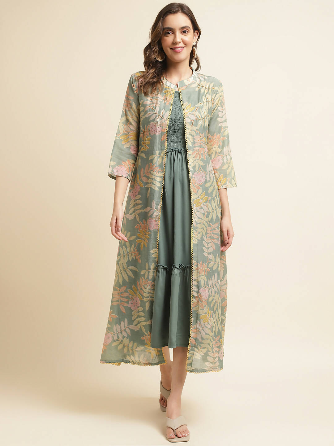 Green Cotton Solid Flared Dress with Printed Shrug - Yukti - Distacart