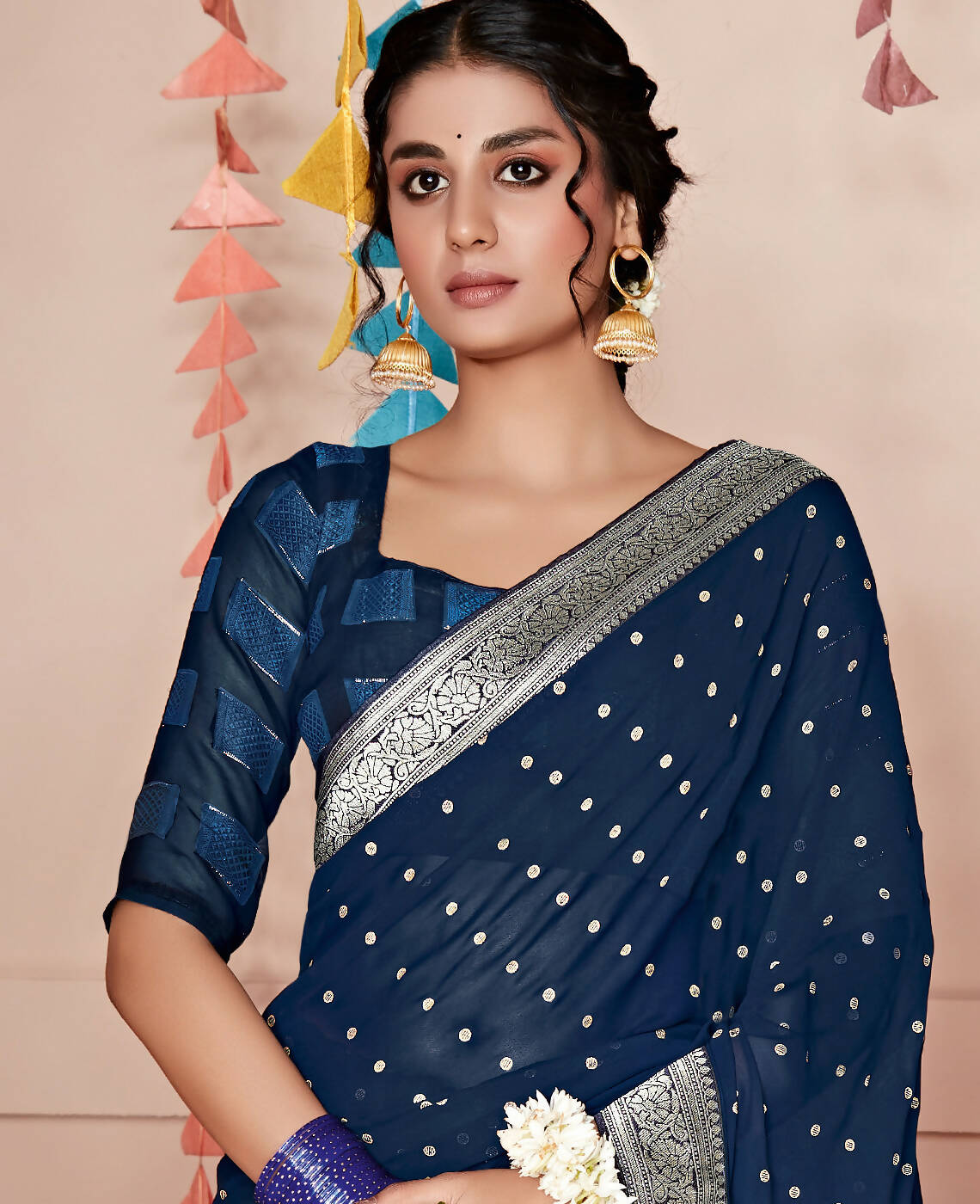 Blue Georgette Foil Printed Saree With Unstitched Blouse Piece - Nitya - Distacart