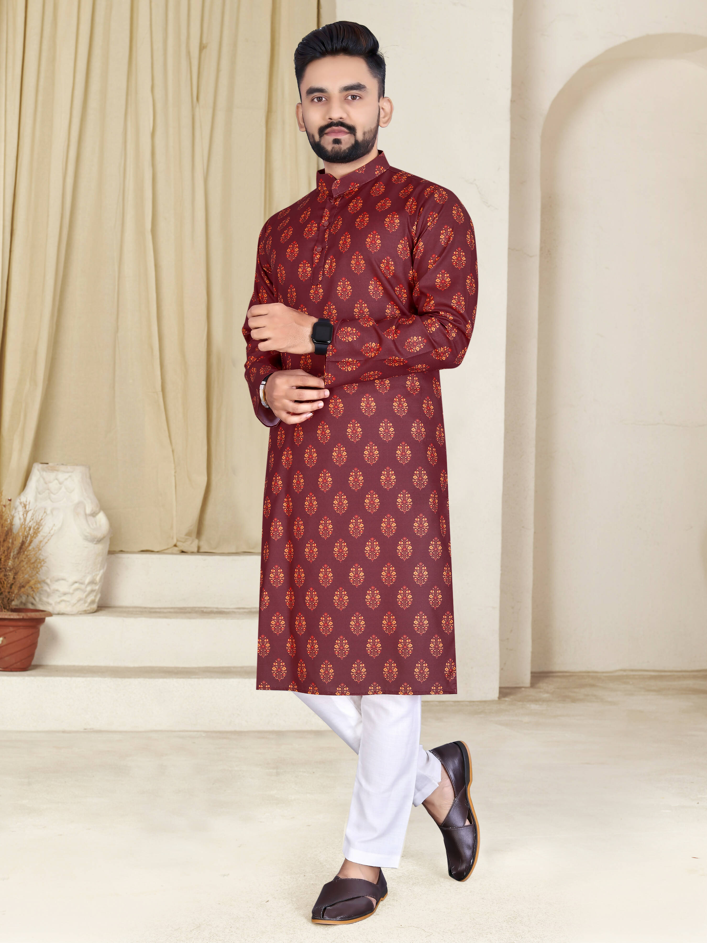 Mens Red Cotton Printed Kurta - Mahotsav - Distacart