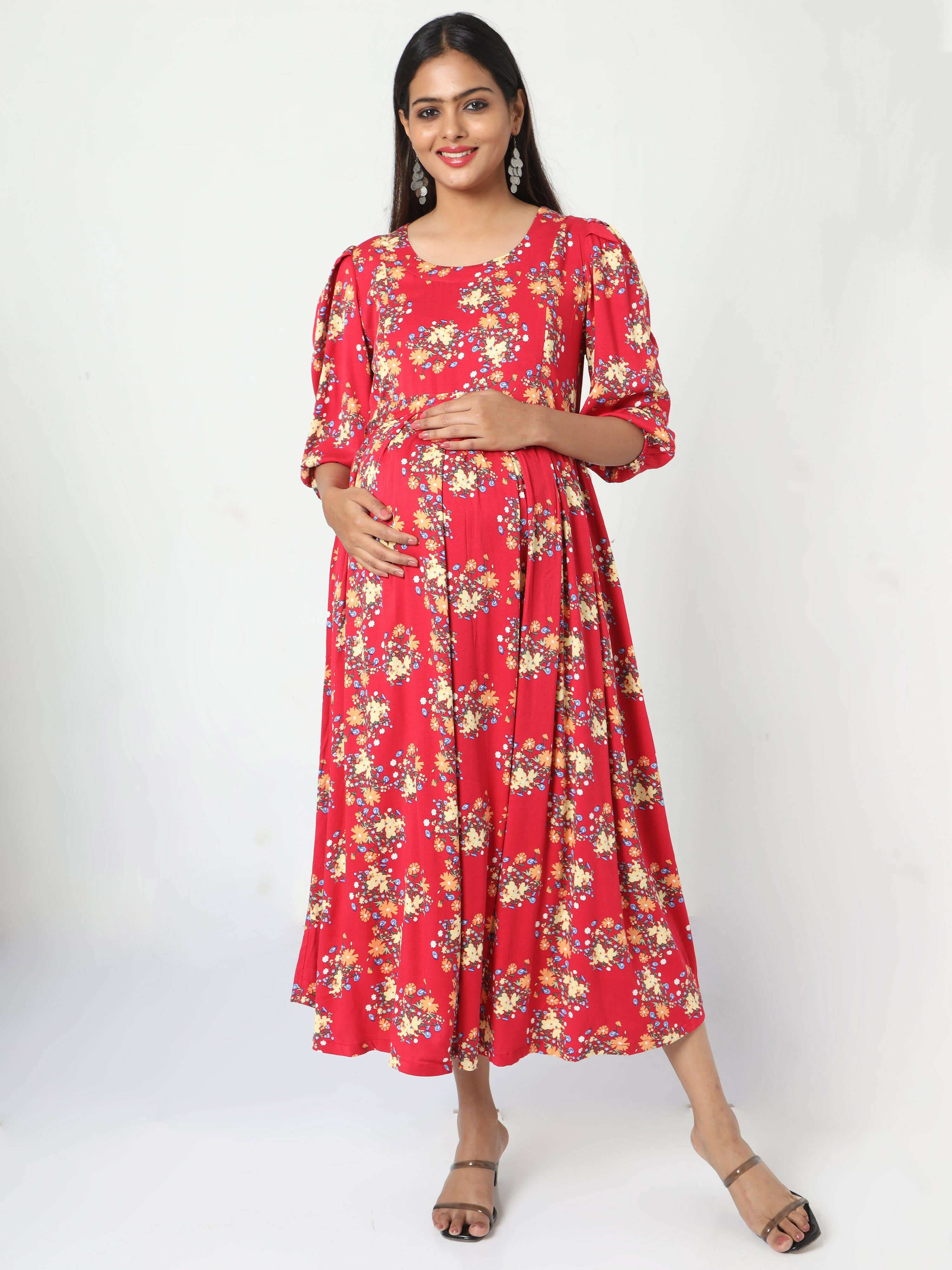 Manet Three Fourth Maternity Dress Floral Print With Concealed Zipper Nursing Access - Red - Distacart