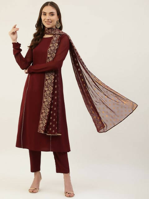 FIORRA Women's Maroon Poly Crepe Straight Kurta Pant With Dupatta - Distacart