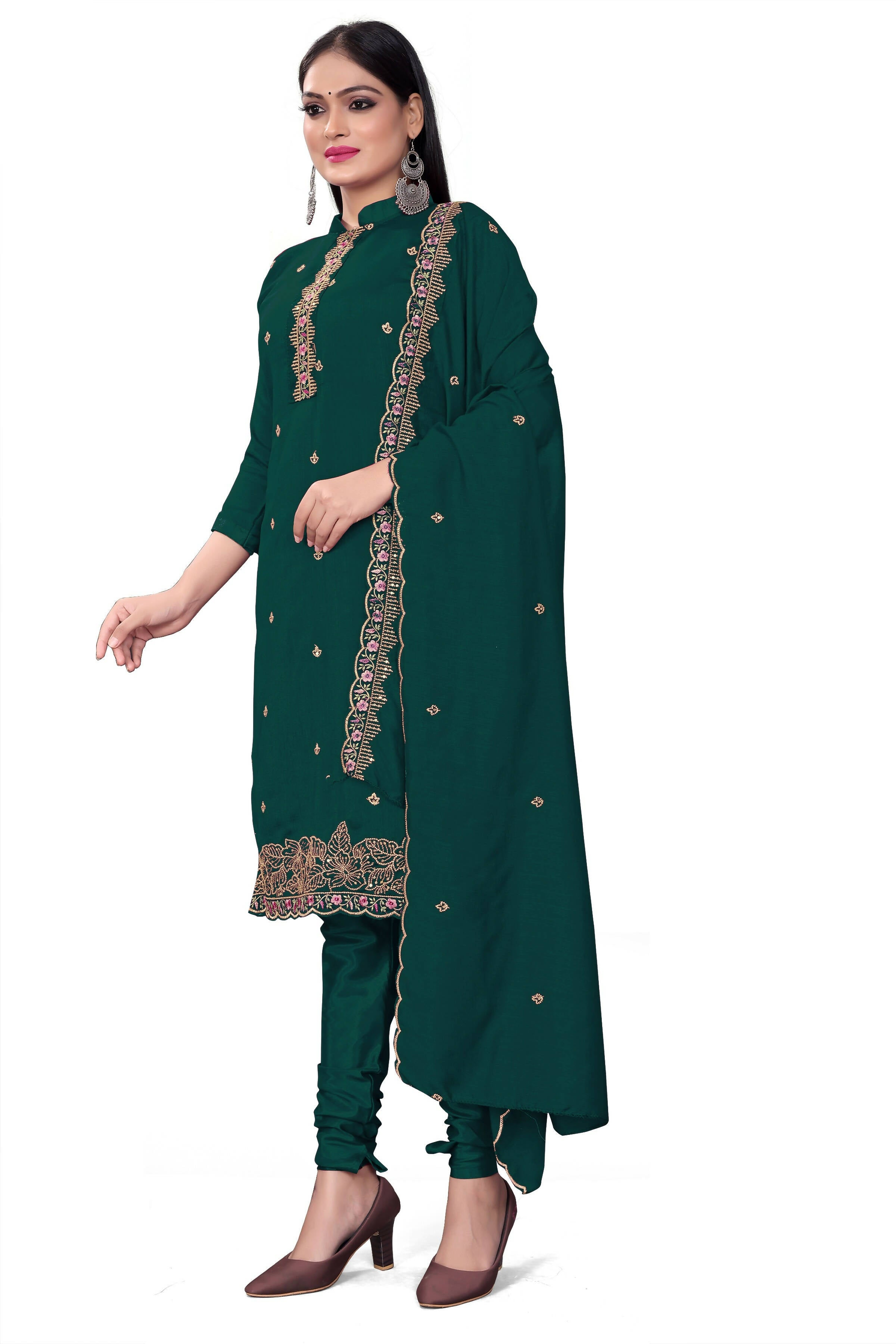 Teal Silk Embroidered with Sequins work Unstitched Dress Material - Tanvi - Distacart