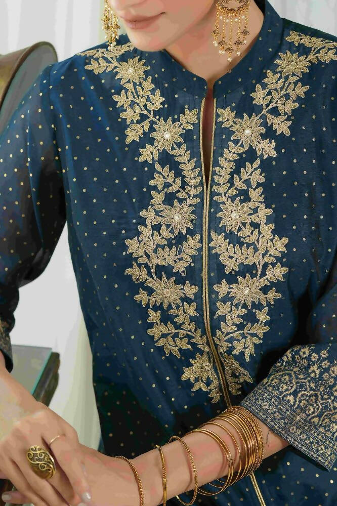 Juniper Blue Chanderi Festive Embroidered Polka Dot Printed A-Line Kurta For Women - Distacart