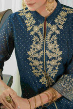 Thumbnail for Juniper Blue Chanderi Festive Embroidered Polka Dot Printed A-Line Kurta For Women - Distacart