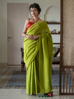 Thumbnail for Suta Lime Green Solid Cotton Blend Saree - Distacart