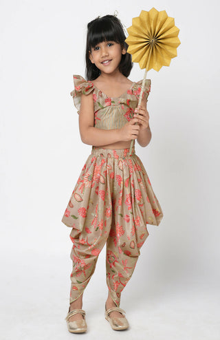 Lil Drama Golden Weaves Beige Crop Top With Dhoti Co-Ordinate Set - Distacart