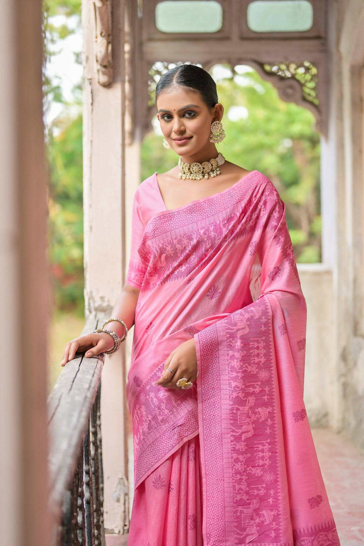 Vishnu Weaves Women's Pink Handloom Raw Silk Woven Border Saree with Blouse - Distacart