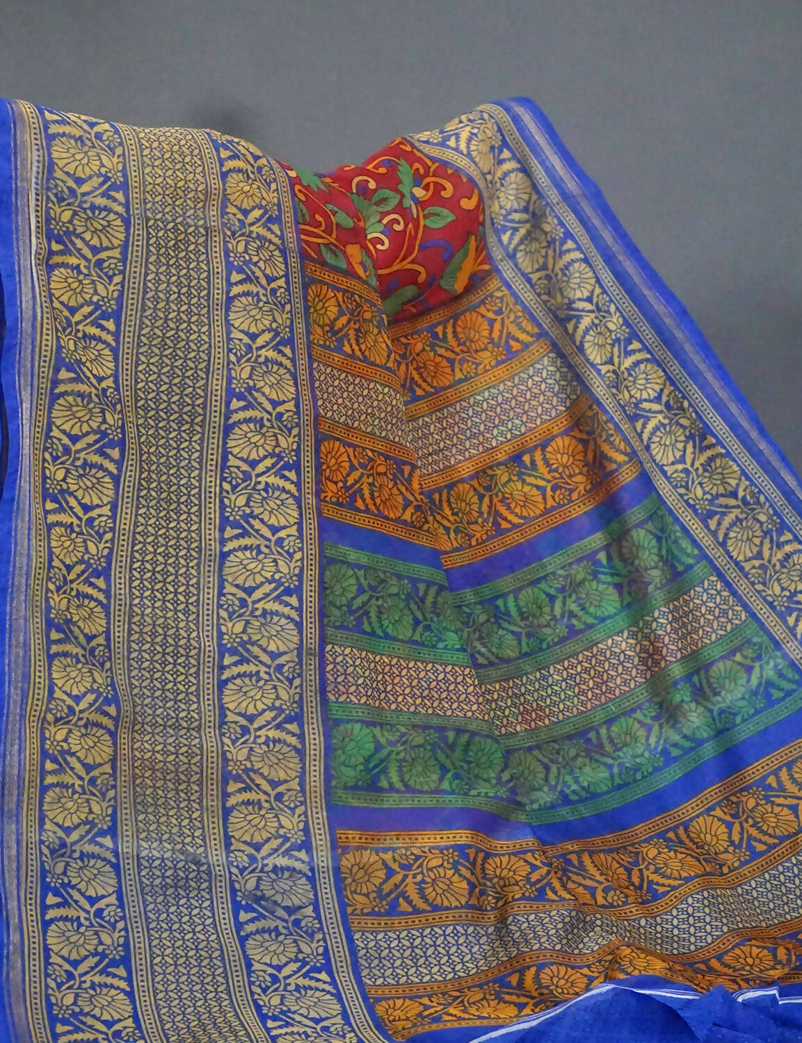 Vibrant Combination Of Maroon Red Kalamkaari Design Semi Chanderi Saree With Contrast Blouse By Gayathri Reddy Designer Studio - Distacart