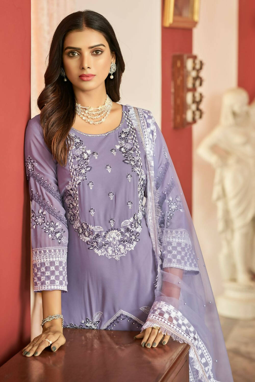 Lavender Heavy Faux Georgette Embroidered Semi Stitched Suit - Dhvani - Distacart