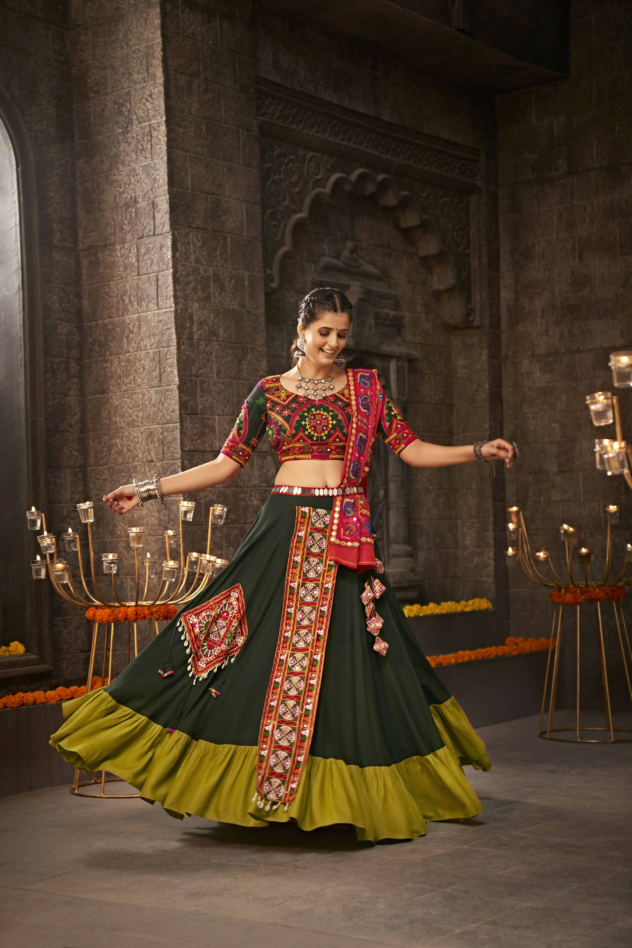 Green Viscose Rayon Thread Embroidered Navratri Lehenga Choli with Dupatta - Raas - Distacart