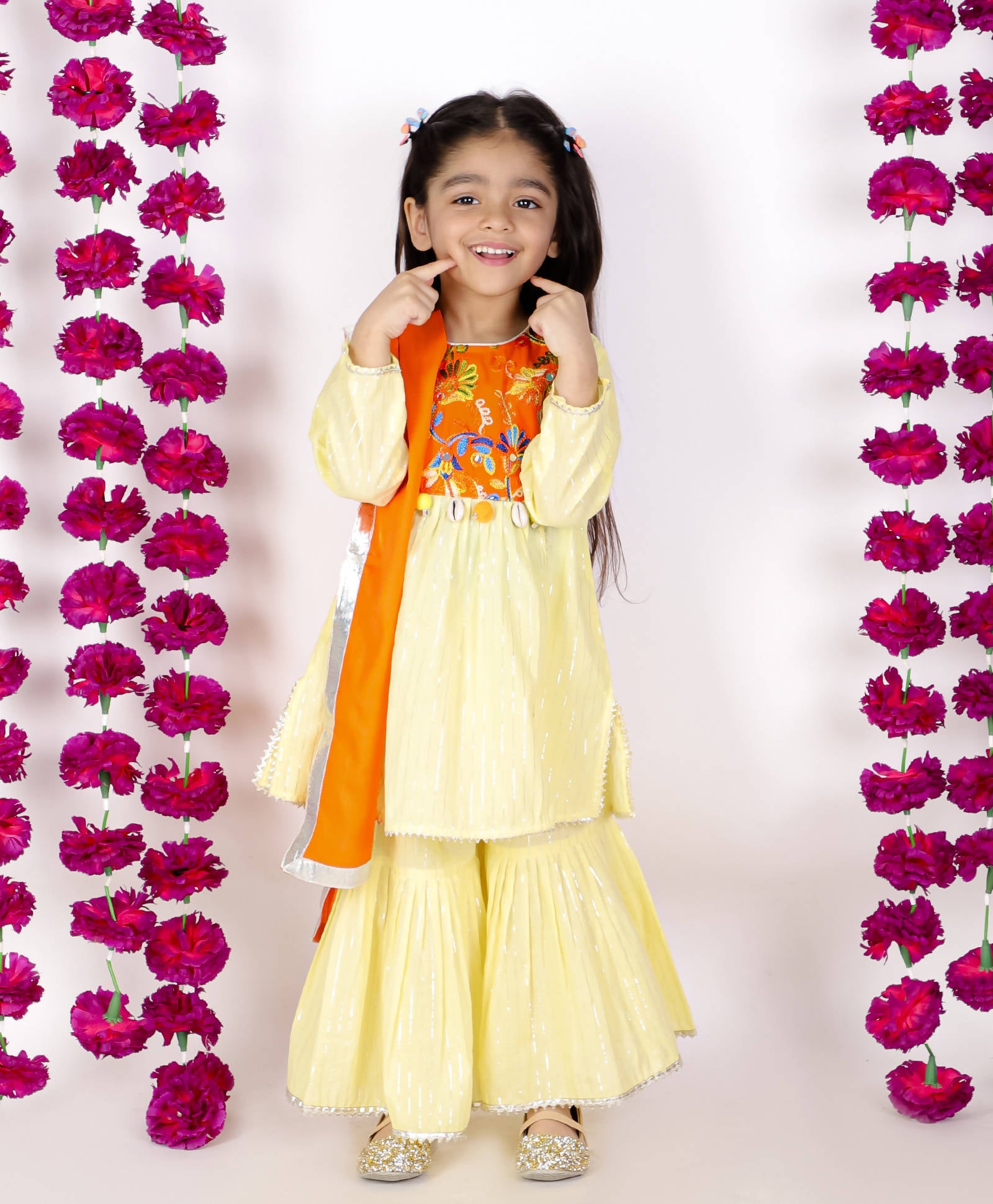 Little Bansi Yellow and Orange Color Mirror work Kurta frock with Sharara and Dupatta