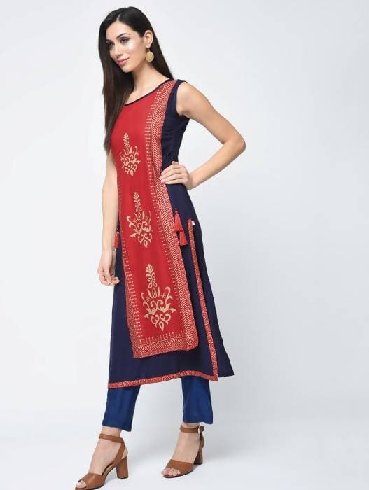 Aniyah Rayon Block Printed Layered Kurta In Red (AN-120K)