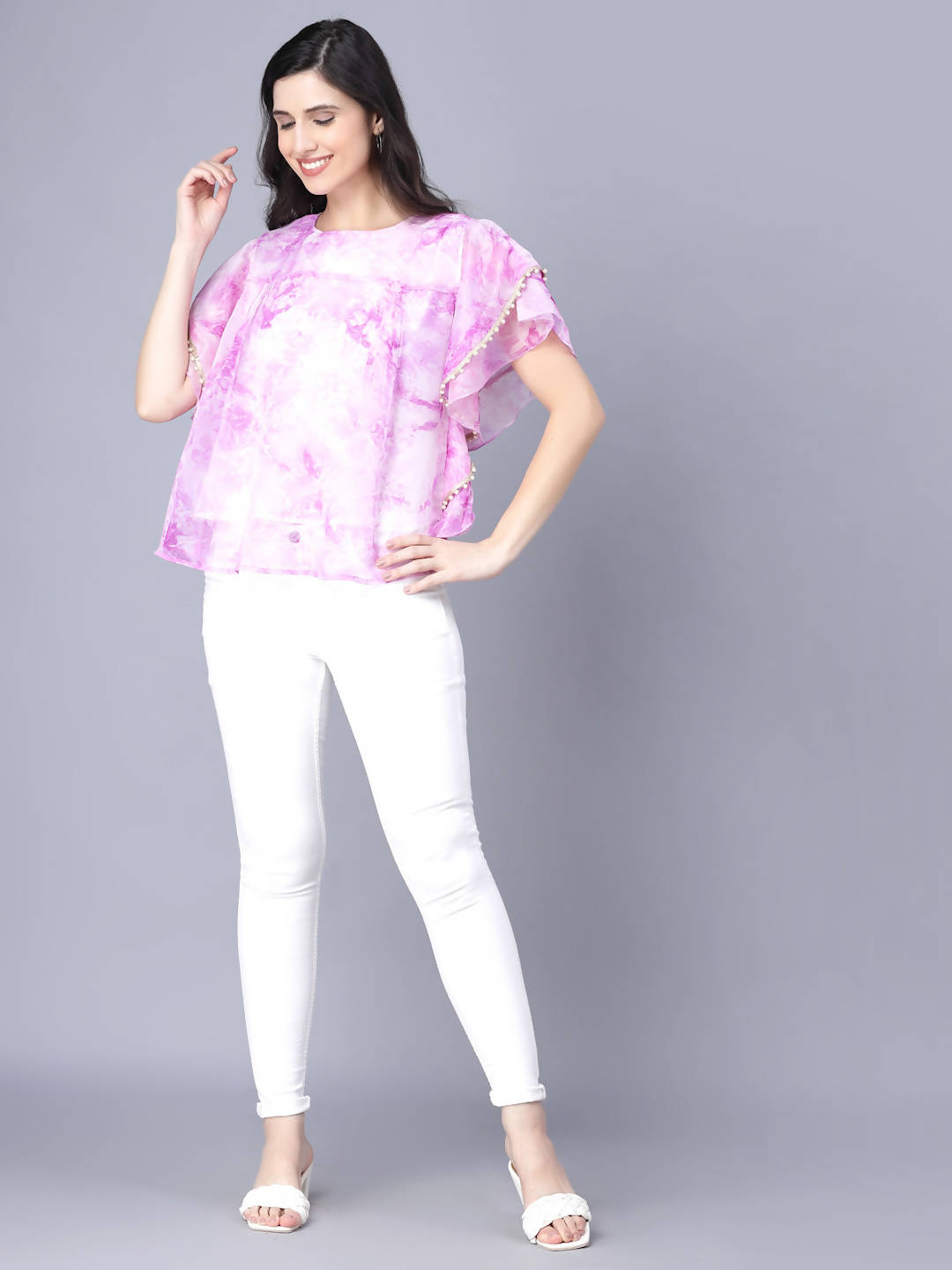 Myshka Organza Printed Short Sleeve Round Pink Women Top - Distacart