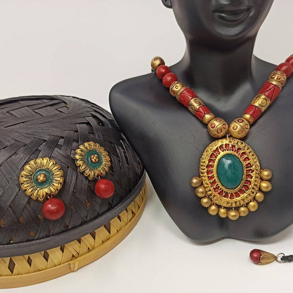 Terracotta Boho Style Long Necklace Set With Studs-Dark Green,Red And Gold
