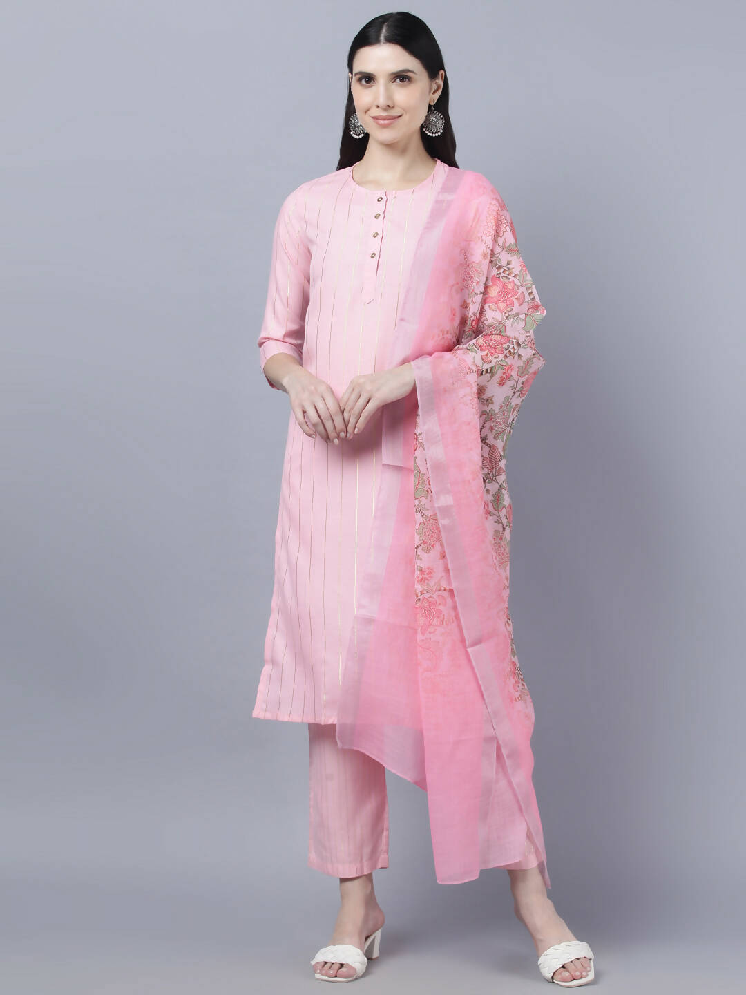 Myshka Women Pink Panelled Pure Cotton Kurta with Trousers With Dupatta Set - Distacart