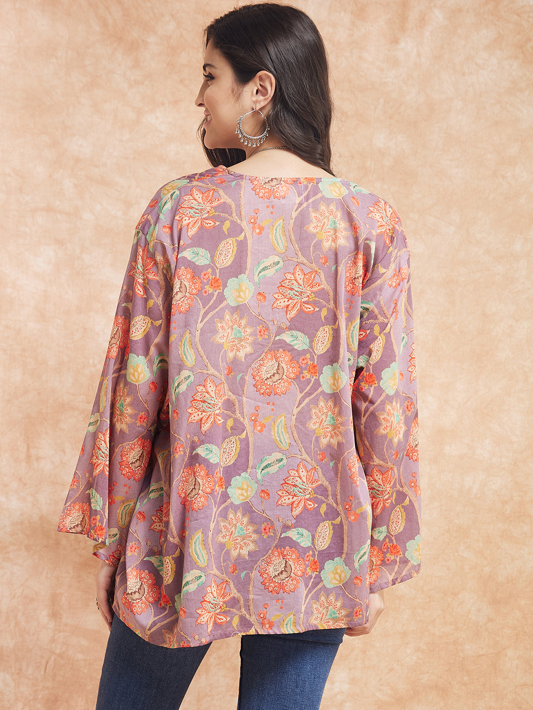 InWeave Women's Dove Grey Floral Digital Print Kaftan Boho Top - Distacart