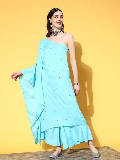 InWeave Women's Sky Blue Mirror Work One Shoulder Kurta Set - Distacart