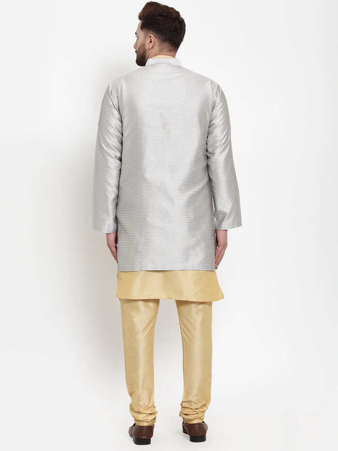 Kalyum Men's Gold Kurta With Pyjama & Grey Self Design Jacket - Distacart