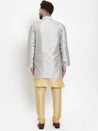 Thumbnail for Kalyum Men's Gold Kurta With Pyjama & Grey Self Design Jacket - Distacart