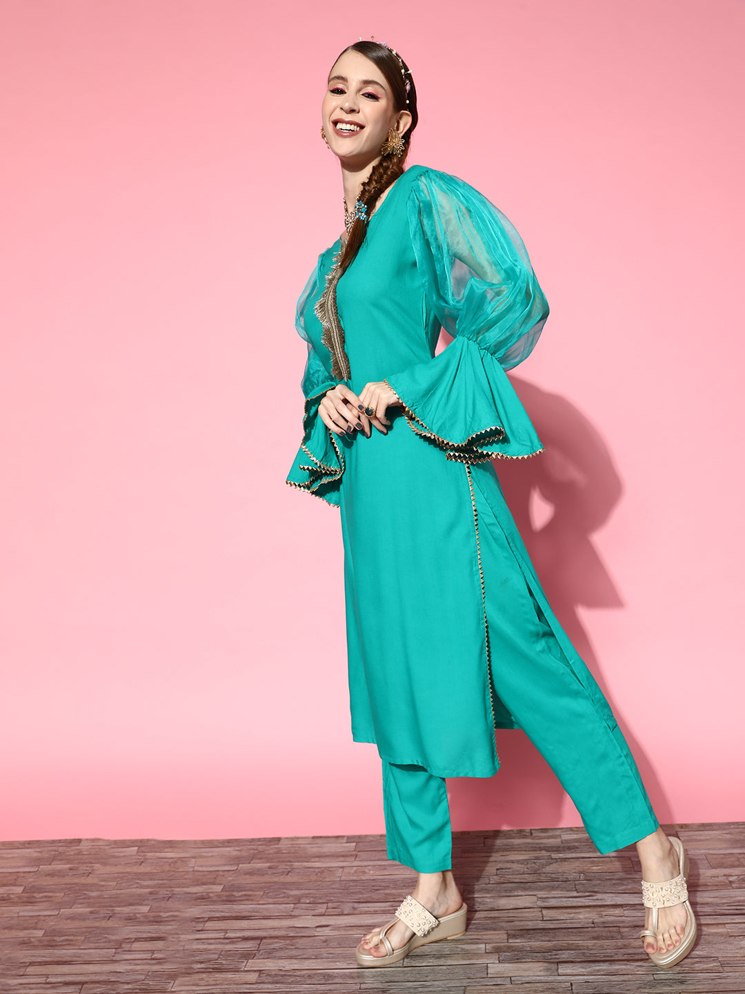 InWeave Women's Aqua Organza Sleeve Gota Work Kurta Set - Distacart